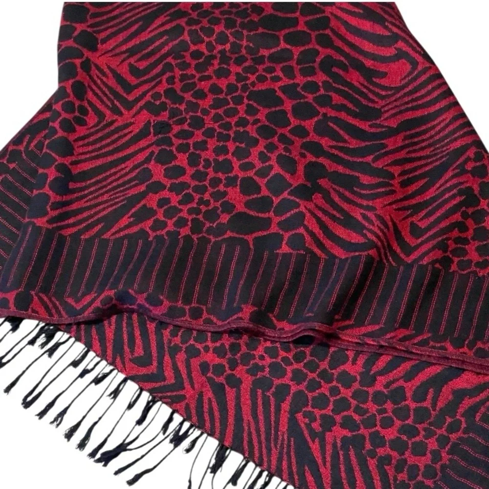 Red Black Animal Print XL Scarf Wrap Maximalist Artsy Bold Layering Lagenlook
